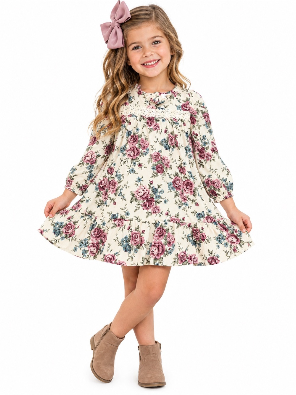 NWT Newbie european brand Cream Floral Puff-Sleeve Kids Dress